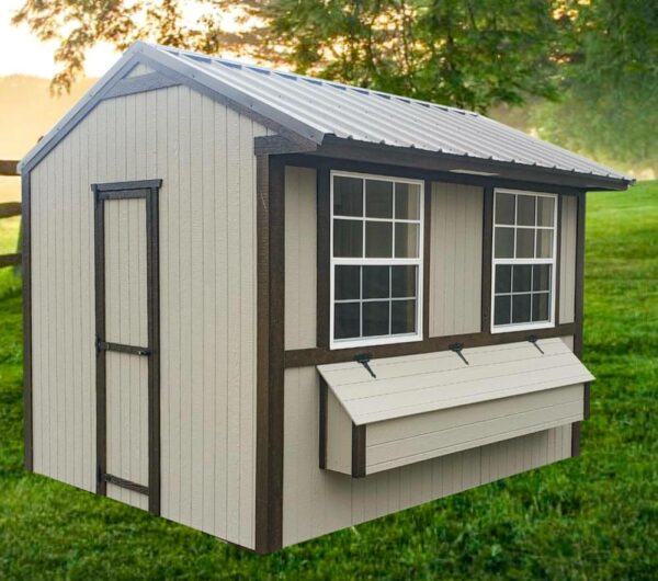 Zook Gray Chicken Coop with white trim