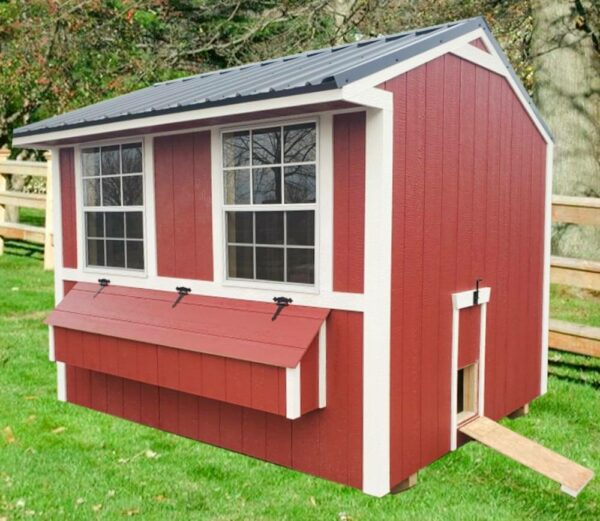 Red Chicken Coop with white trim