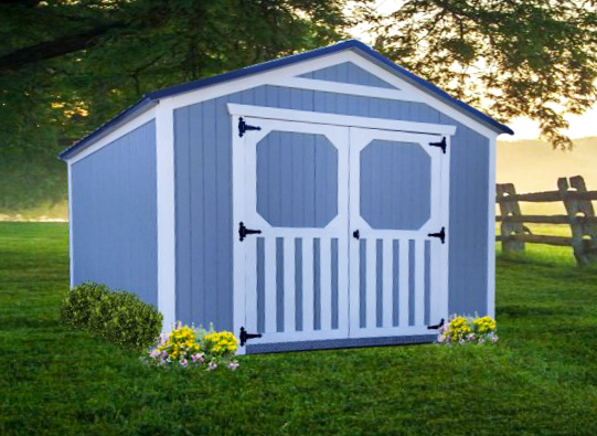 Gable shed with double doors - blue with white trim