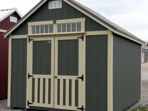 Model 9686 10x12 Avocado with Black Bear Beige Trim & Burnished Slate Metal Roof  A-Frame Shed