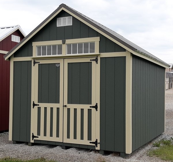 Model 9686 10x12 Avocado with Black Bear Beige Trim & Burnished Slate Metal Roof  A-Frame Shed