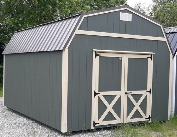 Model 9675 12x16 Avocado with Black Bear Beige Trim & Burnished Slate Metal Roof Lofted Barn