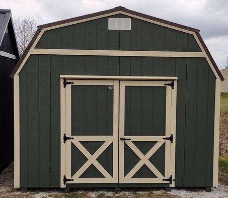 Model 10025 12x16 Avocado with Black Bear Beige Trim & Burnished Slate Metal Roof Lofted Barn