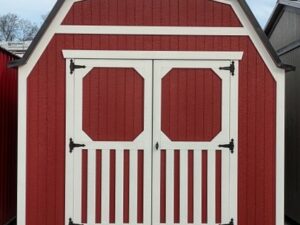 RMB0033 10 x 16 Mountain Red with White Trim & Shiny Black Roof Gambrel Lofted Barn