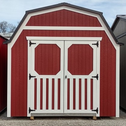 RMB0033 10 x 16 Mountain Red with White Trim & Shiny Black Roof Gambrel Lofted Barn