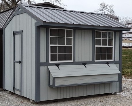 RMB0034 8 x 10 Zook Gray with Dark Gray Trim & Charcoal Metal Roof Chicken Coop