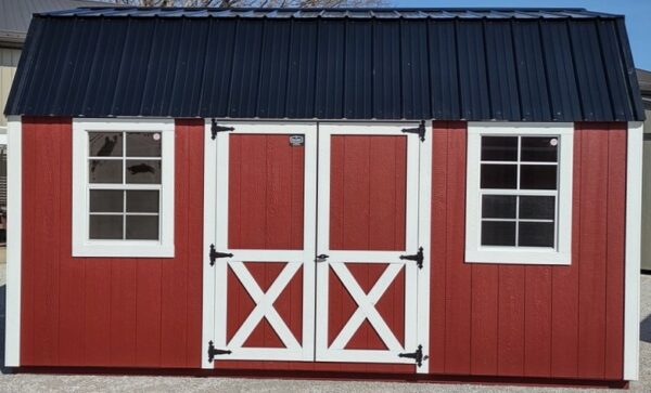 Model 10132 10 x 16 Red with White Trim & Black Metal Roof Lofted Garden Shed