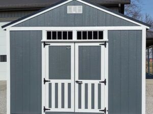 Model 10107 12 x 16 Dark Grey with White Trim & Black Metal Roof A-Frame Shed