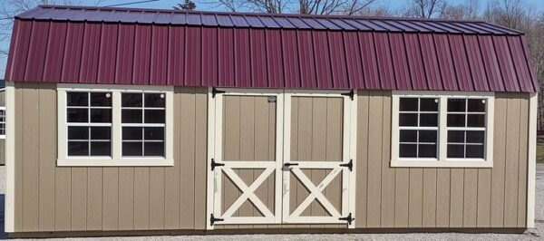 Model 10114 12 x 24 Buckskin with Navajo White Trim & Burgandy Metal Roof Lofted Garden Shed