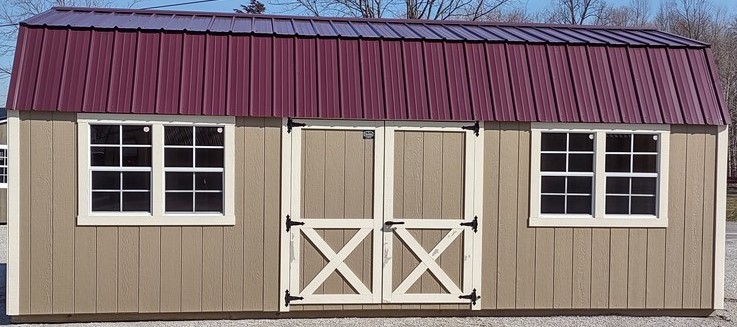 Model 10114 12 x 24 Buckskin with Navajo White Trim & Burgandy Metal Roof Lofted Garden Shed