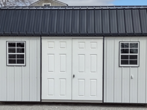 Metal Lofted Garden Shed 10 x 16 Shiny Black with White Trim & Shiny Black Metal Roof