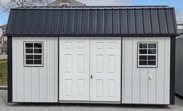 Metal Lofted Garden Shed 10 x 16 Shiny Black with White Trim & Shiny Black Metal Roof