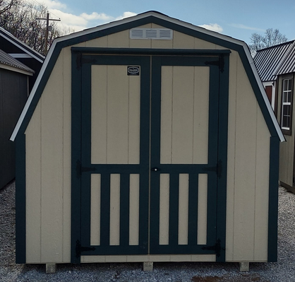 Model 10150 8x12 Black Bear Beige with Green Trim & Green Shingle Roof Shed