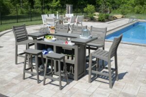 Bristol Bar Chairs, Saddle Bar Stools, & Outdoor Island in Coastal Gray poly