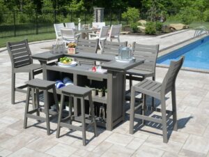 Bristol Bar Chairs, Saddle Bar Stools, & Outdoor Island in Coastal Gray poly