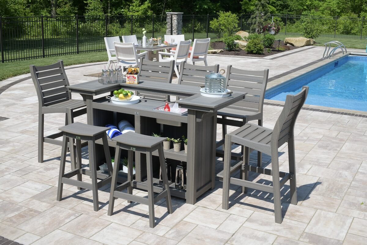 Bristol Bar Chairs, Saddle Bar Stools, & Outdoor Island in Coastal Gray poly