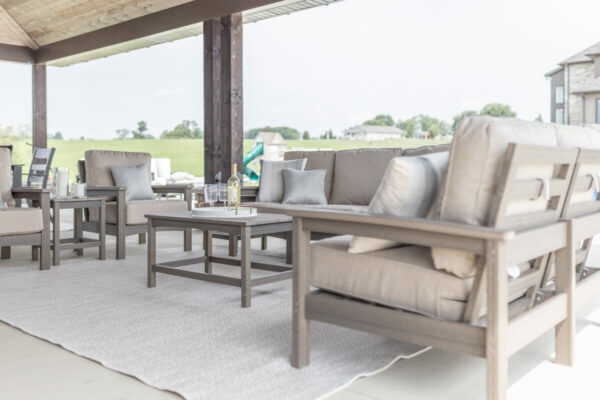 Camden Loveseat, Sofa, Club Chairs, Coffee Table and End Table in Coastal Gray poly with Blend Sand Cushions