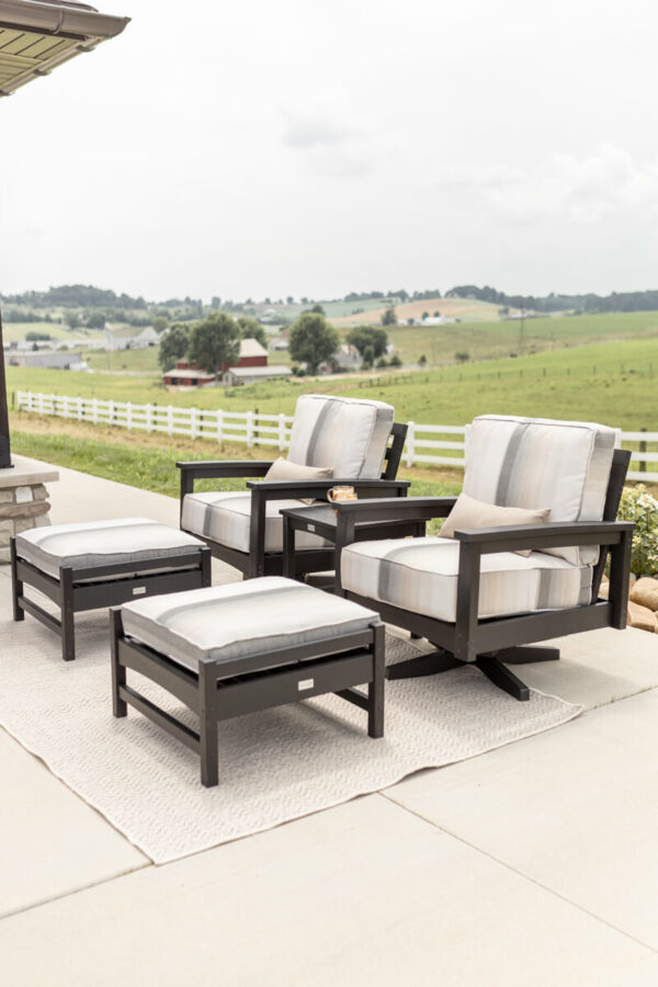 Camden Swivel Rockers, Ottomans, and End table in black pol