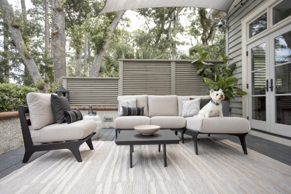 Hazlewood Rug on a patio with furniture