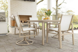 Vida 44" Square Aluminum Dining Table in Sahara Speckle. Vida Sling Dining Chairs and Vida Sling Swivel Rocker Dining Chairs in Sahara Speckle, sling in Kozo Abalone