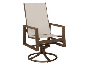 Vida High Back Sling Swivel Rocker Dining Chair with the Aluminum Color Mesquite Wood Vein & Fabric Augustine Oyster & Arm Color None
