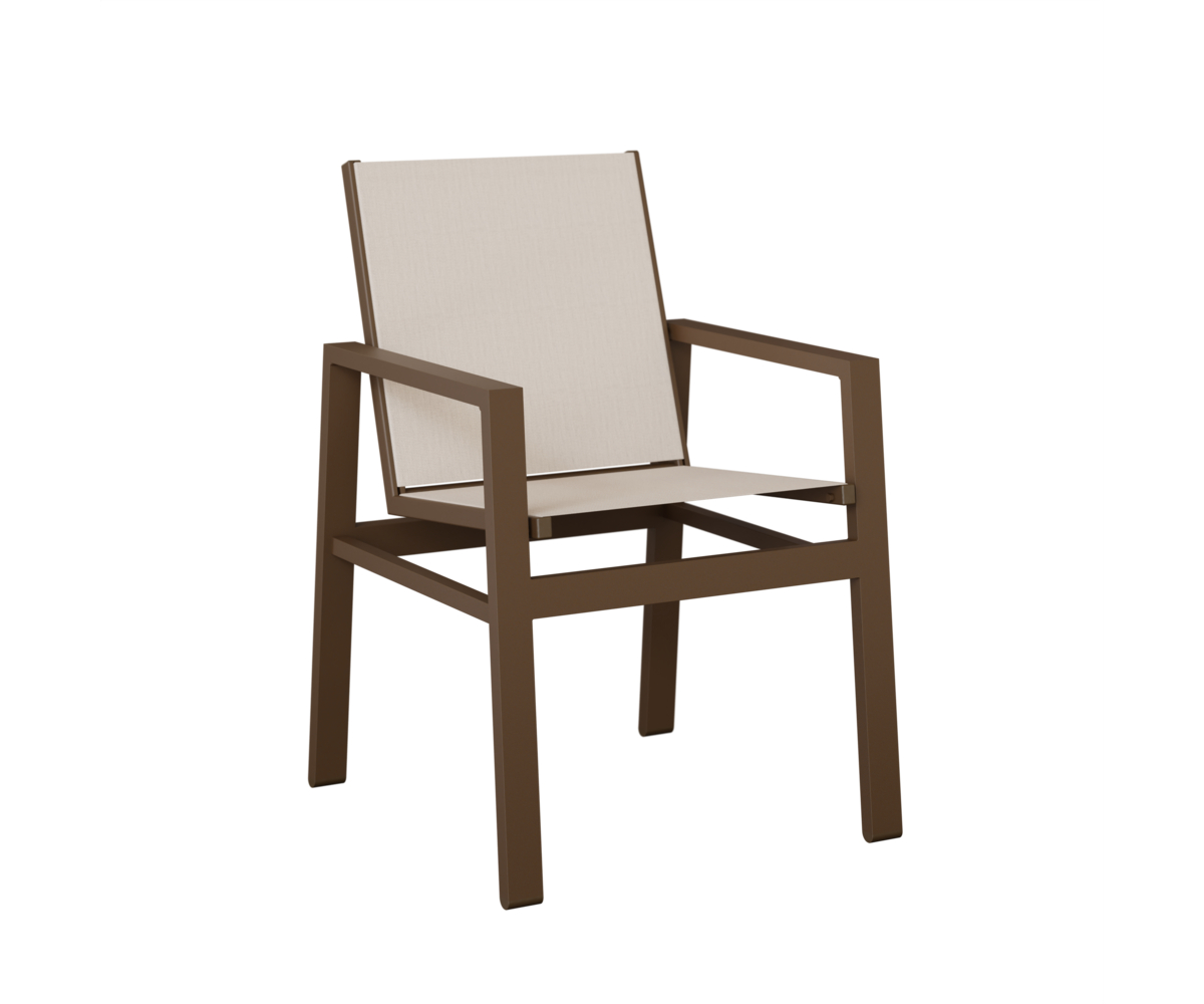 Vida Sling Dining Chair with the Aluminum Color Mesquite Wood Vein & Fabric Augustine Oyster & Arm Color None