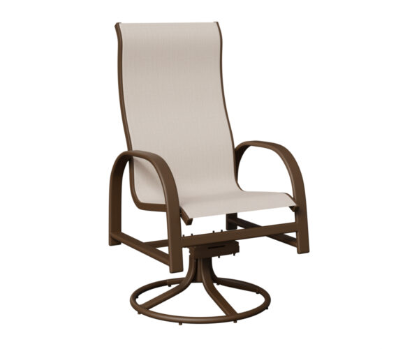 Murphy High Back Sling Swivel Rocker Dining Chair with the Aluminum Color Mesquite Wood Vein & Fabric Augustine Oyster &