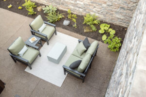 Camden Club Chairs Camden End Table and Camden Loveseat in Smoke Gray Cushions in Heritage Leaf