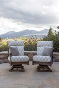 Classic Terrace High Back Swivel Rockers in Chocolate Brown. Cushions in Dream Dune