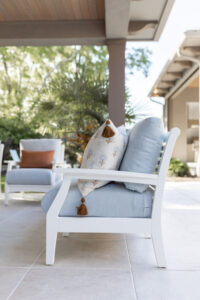 Classic Terrace Sofa and Club Chair in White with cushions in Exhale Sky