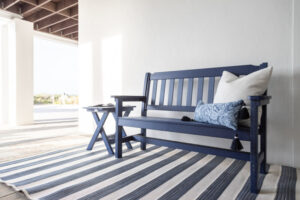 Garden Bench and Folding End Table in Navy Blue with 5x8 Arthur Rug. Pillows in Improve White and Geode Indigo