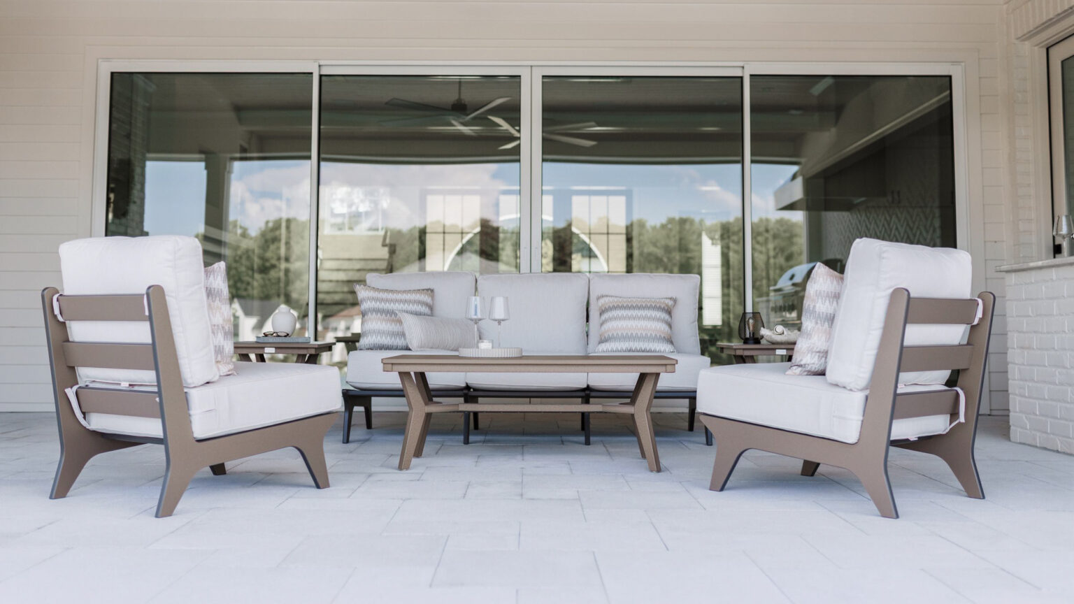 Hartley Club Chairs and Sofa in Clay. Mayhew Rectangular Coffee Table and End Tables in Weatherwood