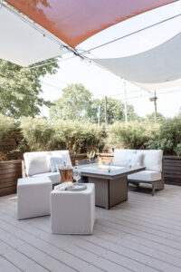 Holland Loveseats and Numa in Clay. Lily Hive Poufs