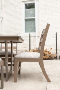 Hudson 40” Square Dining Table in Clay with Parker Chairs. Seat cushions in La La Land Sand (2)