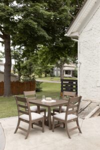 Hudson 40” Square Dining Table in Clay with Parker Chairs. Seat cushions in La La Land Sand 3
