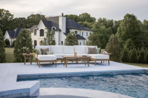 Mayhew Sectional, Rectangular Coffee Tables, and End Tables in Weatherwood