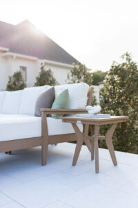 Mayhew Sectional and End Table in Weatherwood. Cushions in Improve White (2)