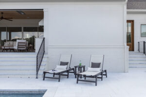 Mayhew Sling Chaise Lounges and Rectangular End Table in Smoke Grey. Alabaster Sling