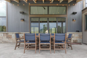 Mayhew Sling Dining Chairs in Brazilian Walnut with Navy Sling