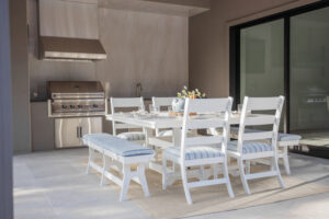 Parker Chairs in Matte White, 66 Garden Classic Square Dining Table and Harbor 66 Benches in White. Cushions in Unwind Sky