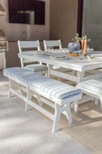 Parker Chairs in Matte White, 66 Garden Classic Square Dining Table and Harbor 66 Benches in White. Cushions in Unwind Sky. (2)