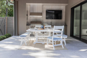 Parker Chairs in Matte White, 66 Garden Classic Square Dining Table and Harbor 66 Benches in White. Cushions in Unwind Sky. (3)