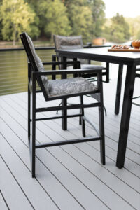 Vida 44” Square Aluminum Bar Table in Black. Vida Padded Sling Bar Chairs and Vida Padded Sling Swivel Bar Chairs in Black with sling in Sumba Mocha 3