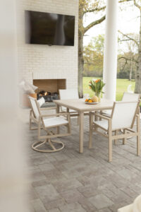 Vida 44” Square Aluminum Dining Table in Sahara Speckle. Vida Sling Dining Chairs and Vida Sling Swivel Rocker Dining Chairs in Sahara Speckle, sling in Kozo Abalone 2