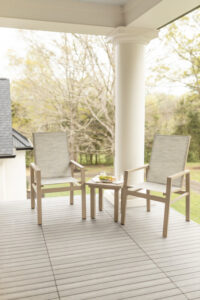Vida High Back Dining Chairs and End Table in Oak Wood Vein. Sling in Caribbean Cane