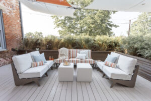 Holland Sofa, Loveseats, Angles Accessory Tables in Clay. 20x20 Lily Hive pofs (2)