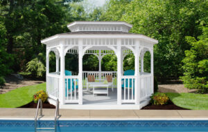 Vinyl Oblong 10x14 Belmont, White Vinyl, Classic Roof, American Rail