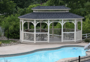 Vinyl Oblong 12x20 Belmont, Almond Vinyl, Classic Roof, American Rail