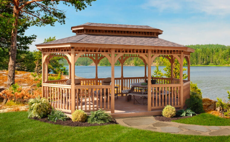 Wood Oblong 12x20 Savannah, Treated Wood, Cedartone Stain, Classic Roof, Deluxe Colonial Rail