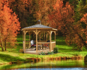 Wood Octagon 12 Monticello, Treated Wood, UV Clearwater Sealer, Regular Roof, American Rail